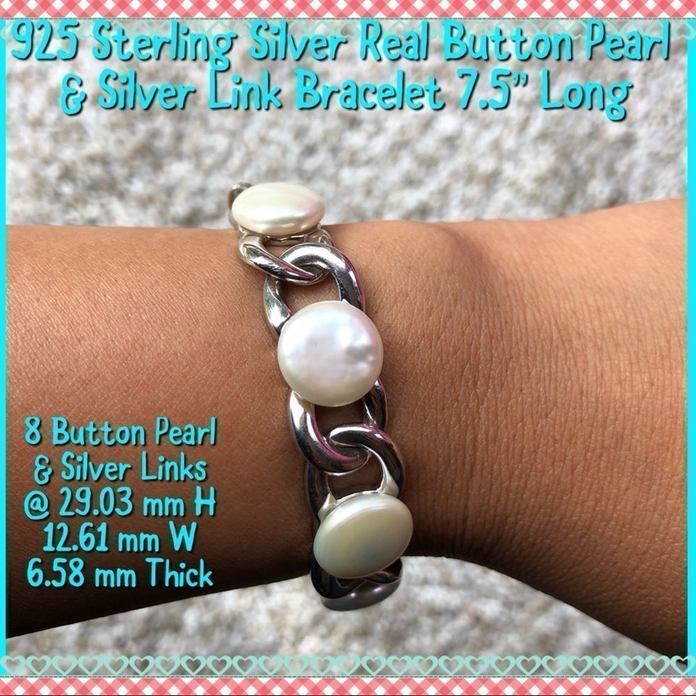 925 Sterling Silver Button Pearl Bracelet 7.5”
